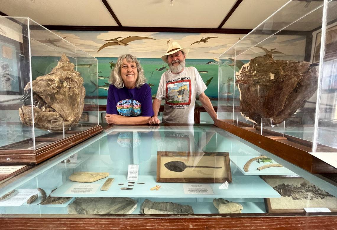 Husband and wife Chuck Bonner and Barbara Shelton opened the Keystone Gallery in 1991 to showcase some of their family’s fossil finds from western Kansas, including mosasaurs, pteranodons and these two giant skulls that belonged to a species of carnivorous fish called Xiphactinus.