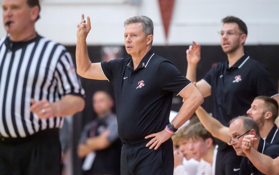 Metamora head coach Danny Grieves coaches the Redbirds as they battle Peora Notre Dame in the first half of their Tournament of Champions basketball game Tuesday Nov. 21, 2023 in Washington. The Redbirds defeated the Irish 64-45.