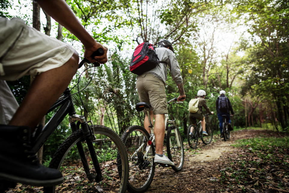 Group of friends ride mountain bike in the forest together