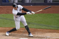 New York Yankees' Aaron Judge strikes out on a pitch from Tampa Bay Rays relief pitcher Ryan Yarbrough during the fifth inning of a baseball game, Sunday, April 18, 2021, at Yankee Stadium in New York. (AP Photo/Kathy Willens)