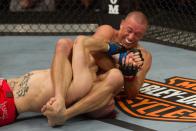 NEWARK, NJ - MARCH 27: Georges St-Pierre (black shorts) def. Dan Hardy (red shorts) - Unanimous decision during UFC 111 at Prudential Center on March 27, 2010 in Newark, New Jersey. (Photo by Josh Hedges/Zuffa LLC via Getty Images)