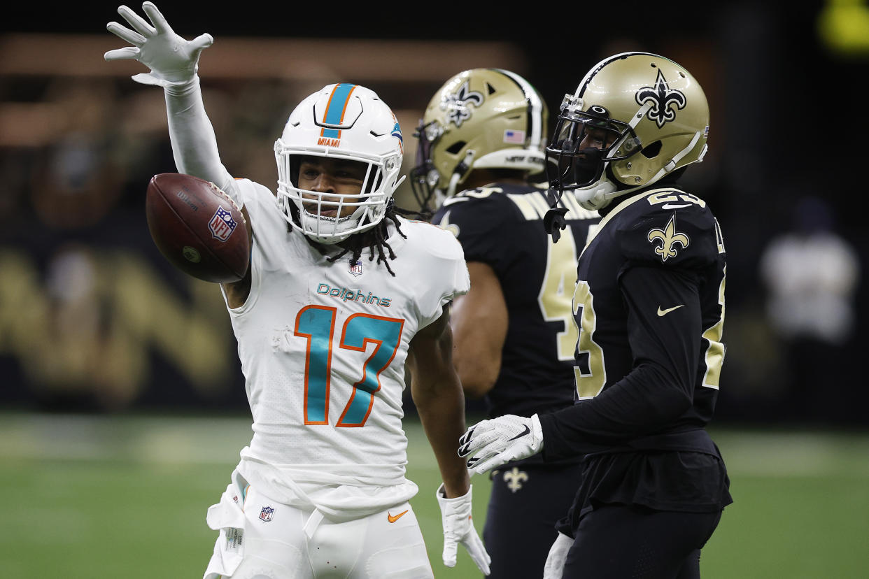 Jaylen Waddle and the Dolphins beat the Saints for their seventh straight win. (Photo by Chris Graythen/Getty Images)