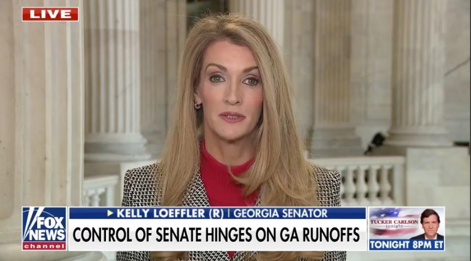 Sen. Kelly Loeffler (R-Ga.) asked Fox News viewers to "chip in five or 10 bucks" while standing in the halls of Congress &mdash; a potential violation of Senate ethics rules. (Photo: Fox News)