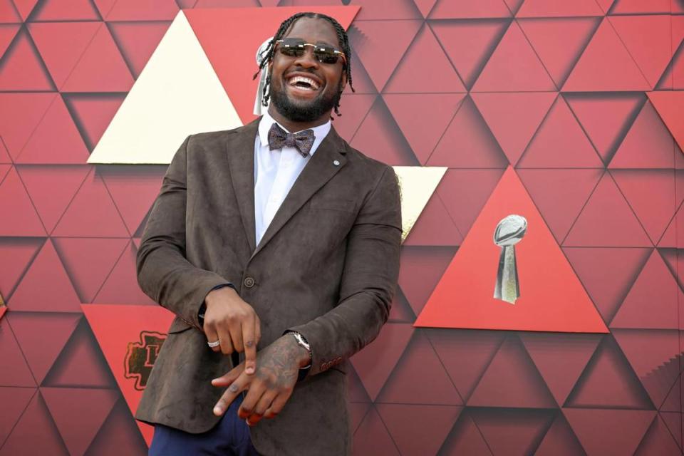 Kansas City Chiefs defensive end Joshua Kaindoh had his ring finger ready as he walked the red carpet at Union Station for thet Super Bowl LVII championship ring ceremony on Thursday, June 15, 2023, in Kansas City.