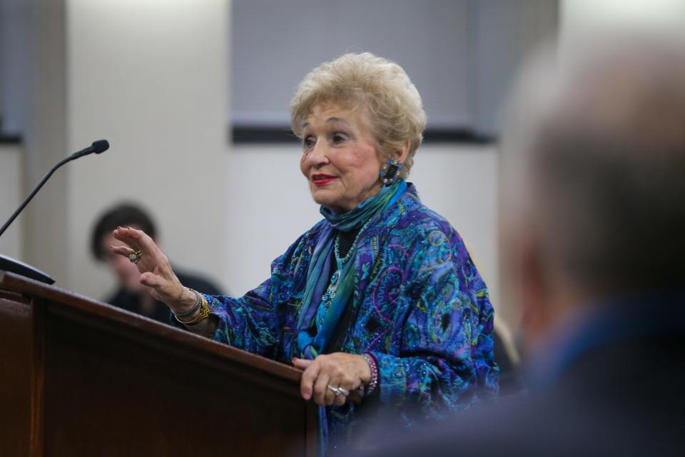 State Rep. Shelia Klinker (D-Lafayette) speaks to Lafayette city council about potentially creating new legislation to address the issues renters have been dealing with in Lafayette, at July's Lafayette City Council meeting, on Monday, July 10, 2023, in Lafayette, Ind.