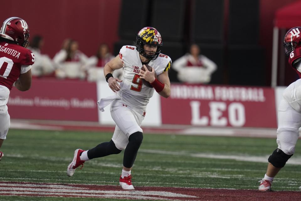 FILE - Maryland quarterback Billy Edwards Jr. runs during the second half of an NCAA college football game against Indiana, Saturday, Oct. 15, 2022, in Bloomington, Ind. Maryland will face Auburn in the Music City Bowl. (AP Photo/Darron Cummings, File)