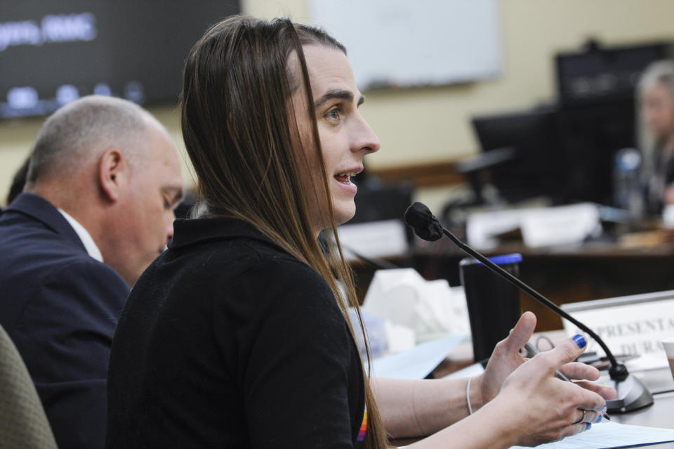 FILE - Rep. Zooey Zephyr, D-Missoula, speaks during a meeting of the House Judiciary Committee in the Montana State Capitol in Helena, Mont. on Monday, May 1, 2023. A nonprofit that launched last year to oppose diversity initiatives in medicine, has evolved into a significant leader in statehouses to ban gender-affirming care for transgender youths, producing model legislation that an Associated Press analysis found has been used in at least three states. (Thom Bridge/Independent Record via AP, File)