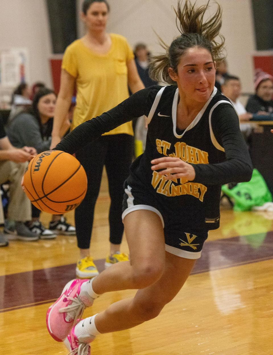 SJV’s Daniella Matus drives to the basket. St. John Vianney vs Trinity Hall in SCT Girls Basketball Semifinal on February 15, 2024 in Red Bank. NJ.