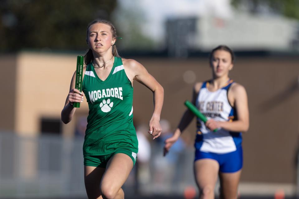 Mogadore senior Brook McIntyre runs in the girls 4x100 relay at the Portage Trail Conference Track & Field Championships Friday, May 10, 2024 in Mogadore.
