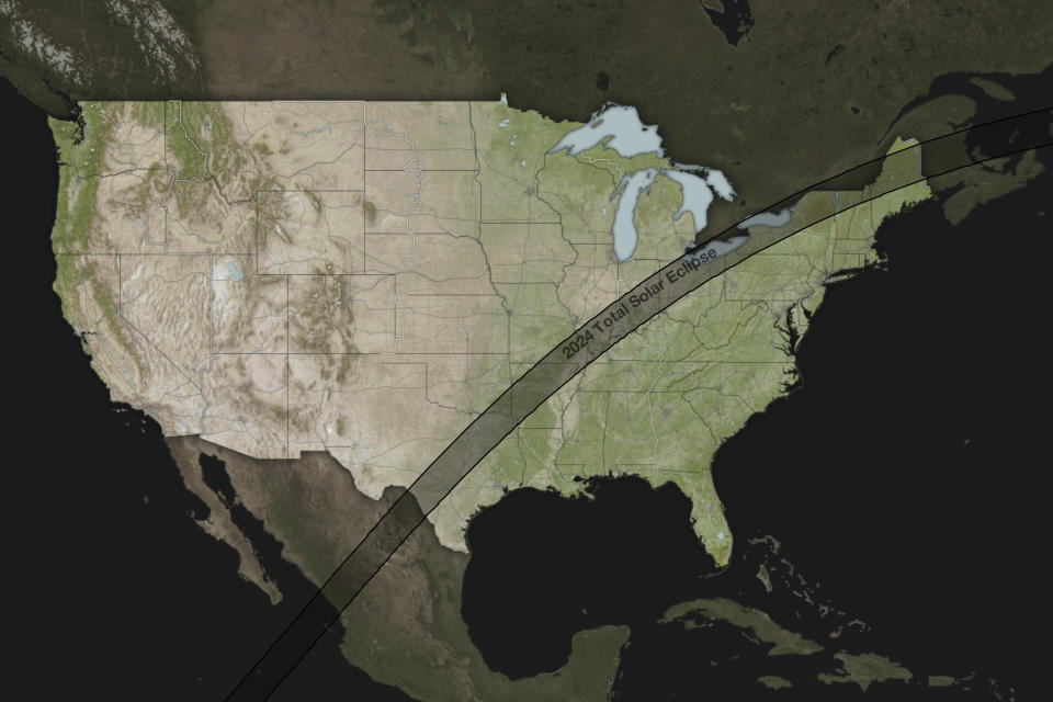 A mapped image showing the path of the April 8 total solar eclipse over North America.