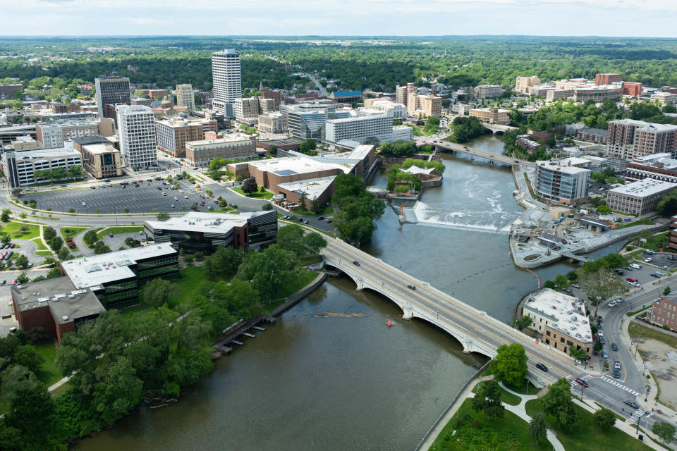 Downtown South Bend as seen from a drone on Tuesday, May 28, 2024.