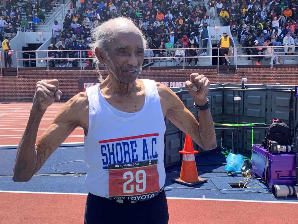 Long Branch 100-year-old Lester Wright after racing at the Penn Relays