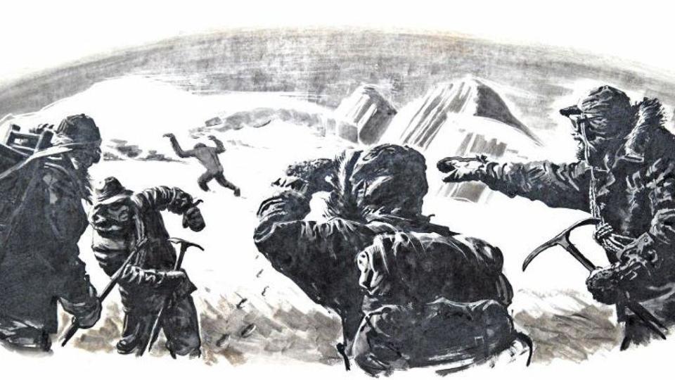 Alpinistas en el Himalaya divisando un abominable hombre de las nieves o Yeti en la distancia en Nepal, en un dibujo de ~1950.