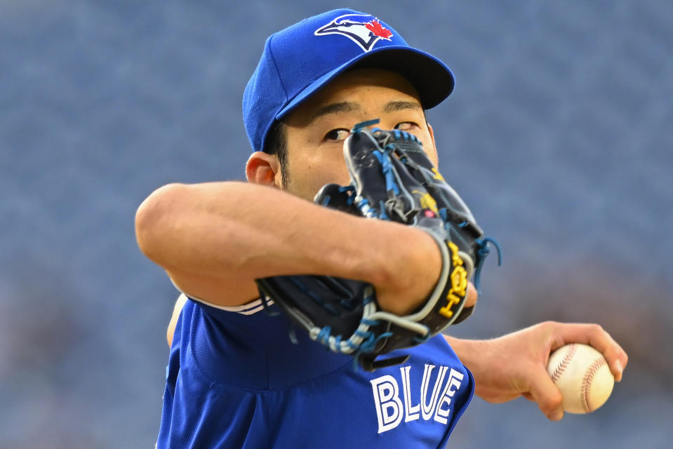 Toronto Blue Jays staring pitcher Yusei Kikuchi throws during the first inning of a baseball game against the Washington Nationals Friday, May 3, 2024, in Washington. (AP Photo/John McDonnell)