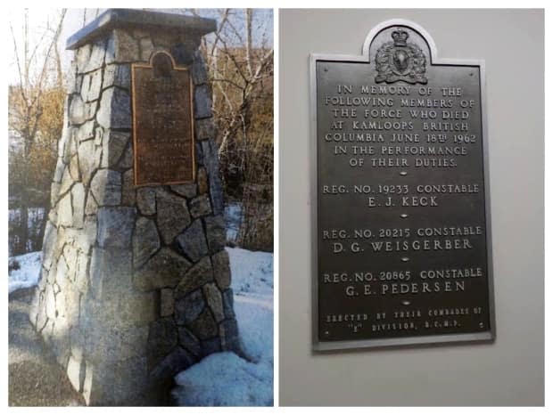 On July 26, 2021, thieves stripped a metal plaque from a memorial cairn in Kamloops, B.C., honouring three RCMP constables killed in a 1962 shootout.  (Ron Hatch / RCMP - image credit)