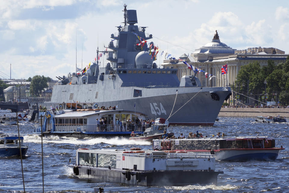 FILE - Russian frigate named "Admiral of the Fleet of the Soviet Union Gorshkov" is seen moored in the Neva River during the Navy Day celebration in St. Petersburg, Russia, onJuly 31, 2022. Russian President Vladimir Putin on Wednesday Jan. 4, 2023 sent a frigate off to the Atlantic Ocean armed with hypersonic Zircon cruise missiles. (AP Photo/Dmitri Lovetsky, File)