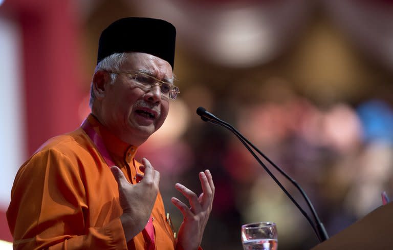 Malaysian Prime Minister Najib Razak at the United Malays National Organisation general assembly in Kuala Lumpur on December 1, 2012. Najib Razak is now battling to rally support for the ruling Barisan Nasional coalition ahead of polls he is expected to call within months