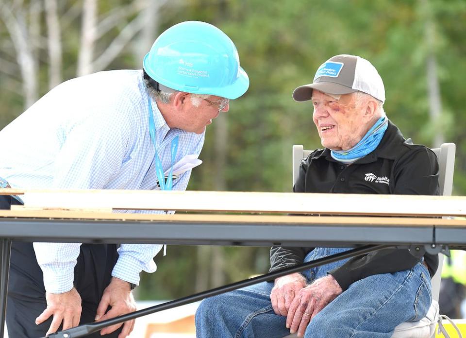 Former President Jimmy Carter (right) at the Carter Work Project construction site with Habitat for Humanity in Nashville, Tennessee, earlier this month | AFF-USA/Shutterstock