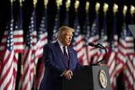 President Donald Trump speaks from the South Lawn of the White House on the fourth day of the Republican National Convention, Thursday, Aug. 27, 2020, in Washington. (AP Photo/Alex Brandon)