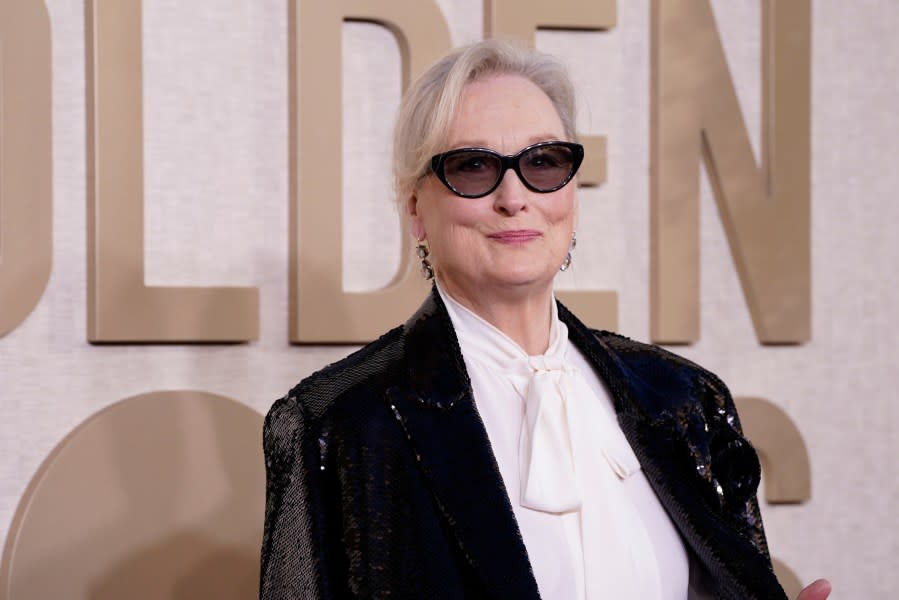 Meryl Streep arrives at the 81st Golden Globe Awards on Sunday, Jan. 7, 2024, at the Beverly Hilton in Beverly Hills, Calif. (Photo by Jordan Strauss/Invision/AP)