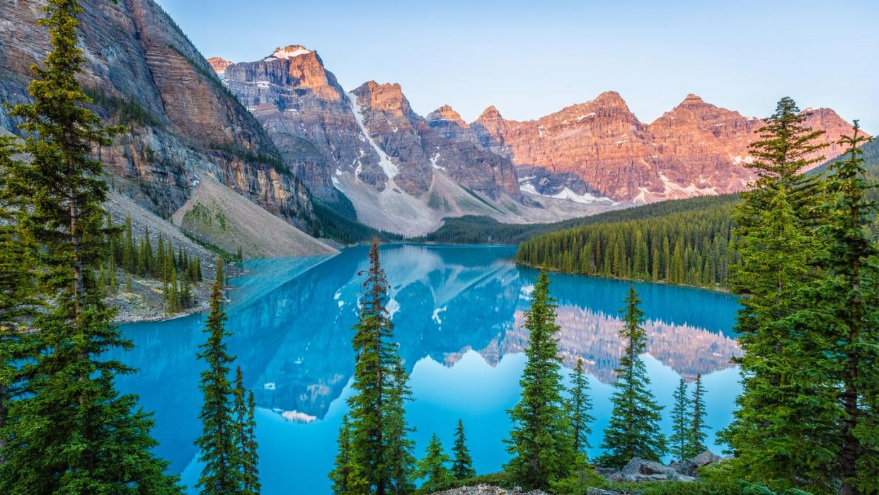 Moraine Lake with Alpen Glow on Ten Peaks Banff National Park Canada