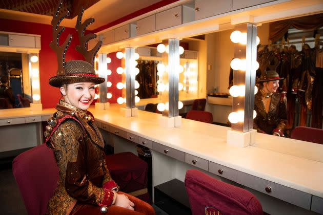 Shelby Finnie in the Rockettes' dressing room, wearing the only costume they change into up there. (Photo: Damon Dahlen/HuffPost)