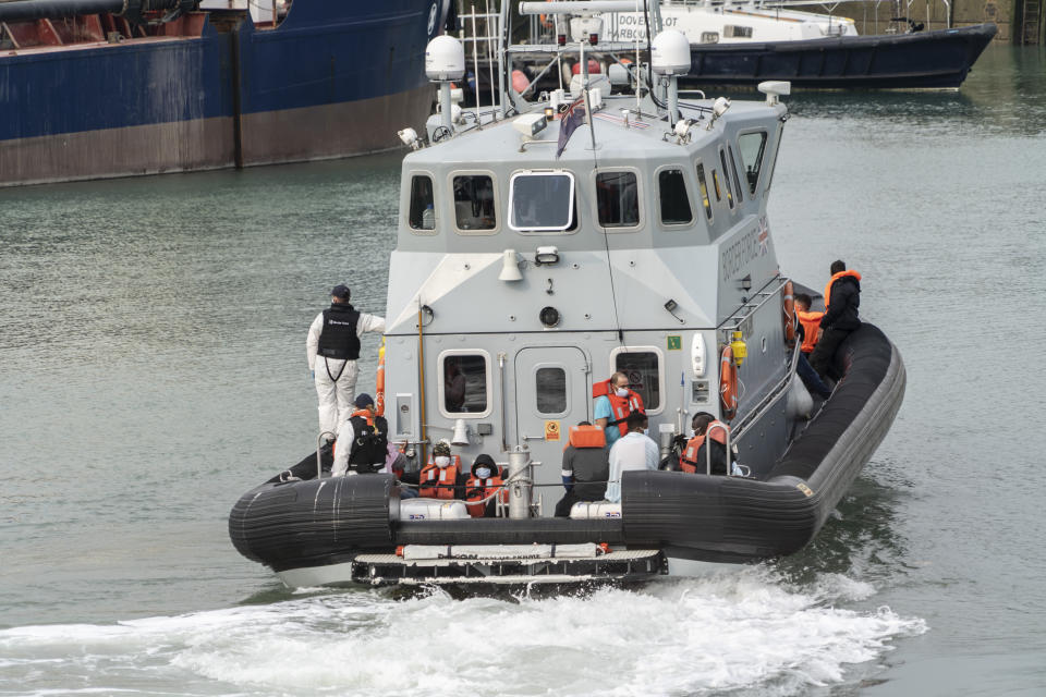  Migrants brought on shore by the border force at Dover port.
Increasing numbers of migrants have been sailing in small boats out of French territorial waters into the English Channel where they are legally brought ashore by the UK border force. The migrants are then able to seek for asylum in the UK. (Photo by Edward Crawford / SOPA Images/Sipa USA) 