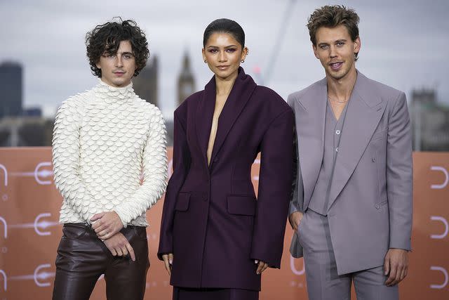 <p>Yui Mok/PA Images via Getty Images</p> (Left-right:) Timothée Chalamet, Zendaya and Austin Butler on Feb. 14