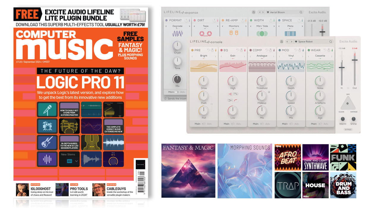  The cover of Computer Music magazine alongside screengrabs of the interfaces of this month's software and samples. 