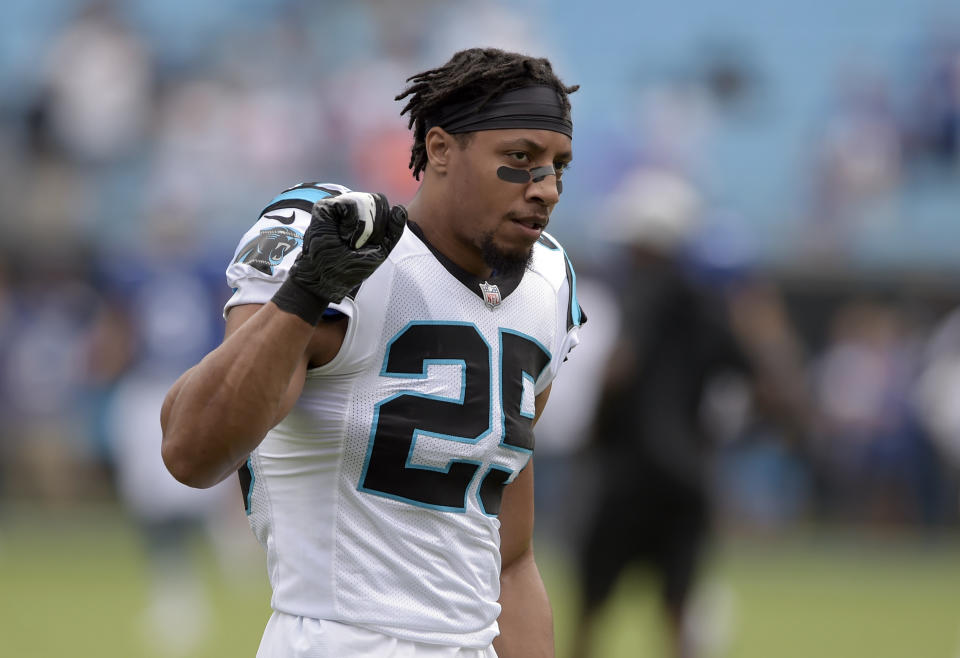 Carolina Panthers' Eric Reid (25) takes the field before an NFL football game against the New York Giants in Charlotte, N.C., Sunday, Oct. 7, 2018. (AP Photo/Mike McCarn)