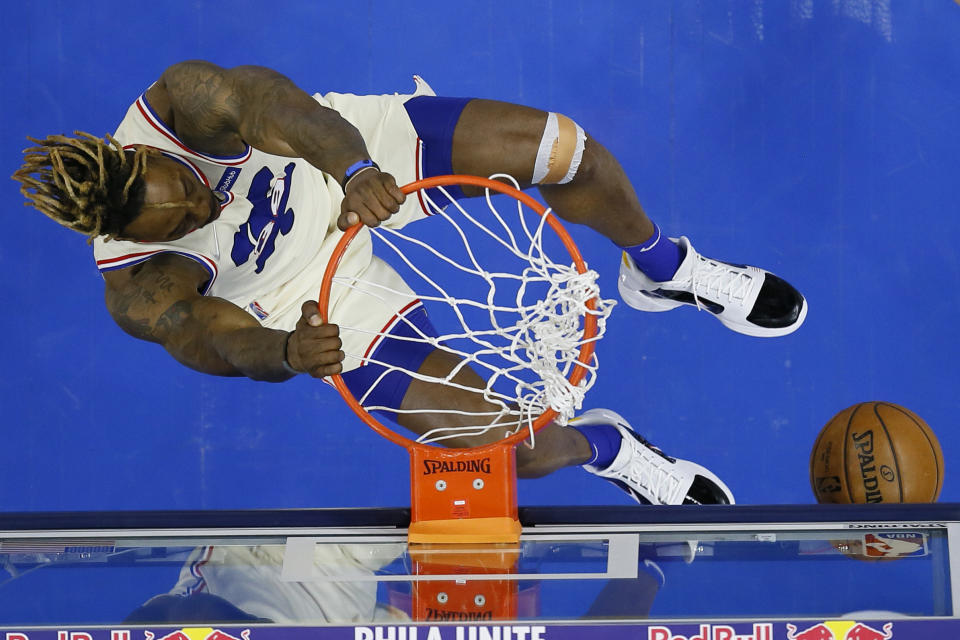 Philadelphia 76ers' Dwight Howard dunks the ball during the second half of an NBA basketball game against the Orlando Magic, Sunday, May 16, 2021, in Philadelphia. (AP Photo/Matt Slocum)