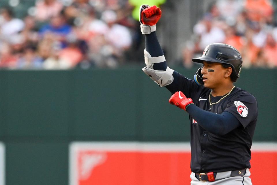 Guardians catcher Bo Naylor react after hitting a second-inning double against the Orioles, June 25, 2024, in Baltimore.