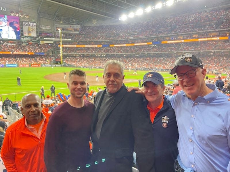 (From left to right) George Santiago, Matt Starcevich, David Donati, Joe Babich and Kevin McClatchy attend Game 6 of the World Series.