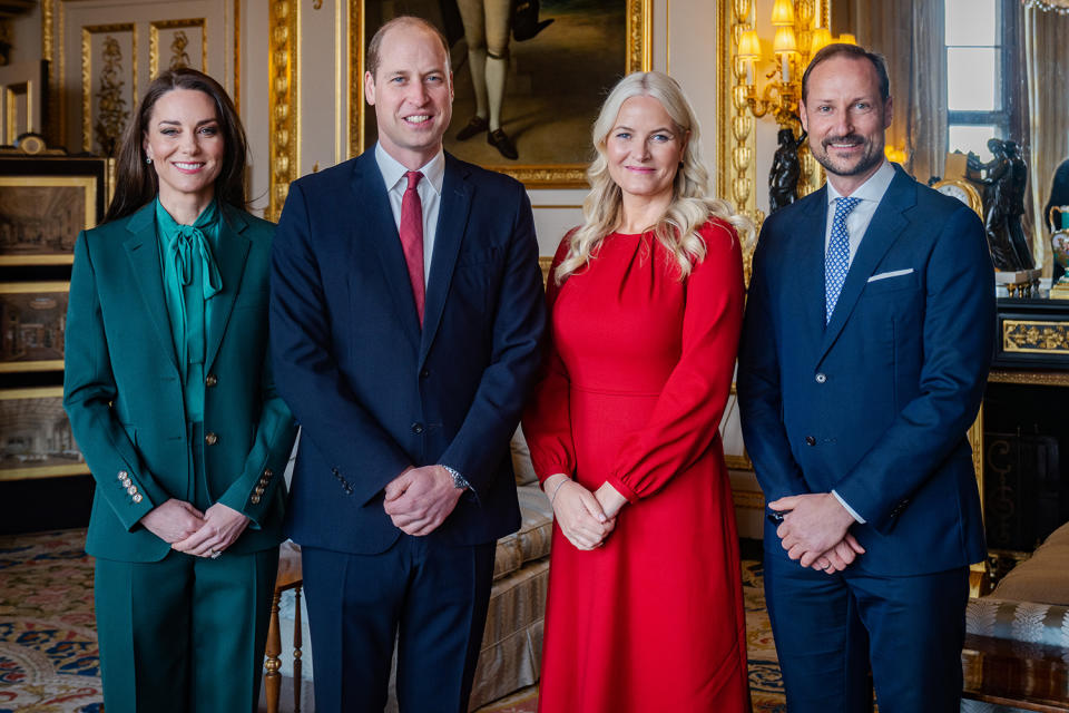 <p>Kate looked <a href="https://people.com/royals/kate-middleton-prince-william-host-prince-haakon-princess-mette-marit-norway-uk-visit/" rel="nofollow noopener" target="_blank" data-ylk="slk:elegant in emerald;elm:context_link;itc:0;sec:content-canvas" class="link ">elegant in emerald</a> when she welcomed <a href="https://people.com/royals/crown-prince-haakon-of-norway-becomes-regent-after-king-harald-falls-sick/" rel="nofollow noopener" target="_blank" data-ylk="slk:Crown Prince Haakon;elm:context_link;itc:0;sec:content-canvas" class="link ">Crown Prince Haakon</a> and <a href="https://people.com/royals/princess-mette-marit-norway-47th-birthday-portraits-dogs/" rel="nofollow noopener" target="_blank" data-ylk="slk:Crown Princess Mette-Marit;elm:context_link;itc:0;sec:content-canvas" class="link ">Crown Princess Mette-Marit</a> of Norway to Windsor Castle with <a href="https://people.com/tag/prince-william/" rel="nofollow noopener" target="_blank" data-ylk="slk:Prince William;elm:context_link;itc:0;sec:content-canvas" class="link ">Prince William</a>.</p> <p>The March 2 meeting brought two future Kings — and Queens! — together, and the Princess of Wales looked the part in a deep green pantsuit with complementary blouse.</p>