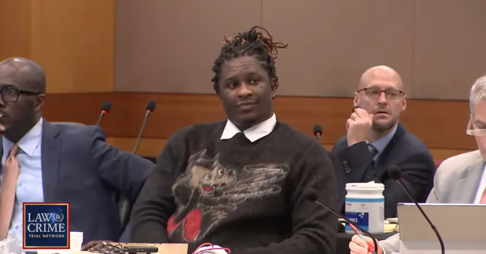 Young Thug in court on Monday, 4 December, wearing a sweater with a wolf design. (Law & Crime Trial Network)