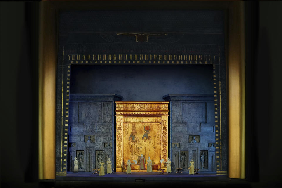 This undated photo provided by the Metropolitan Opera shows a set model by Christine Jones for the Metropolitan Opera's new production of Verdi's "Aida." Michael Mayer's new staging of Verdi's “Aida” opens the Met's 2020-21 season in September. (Metropolitan Opera via AP)