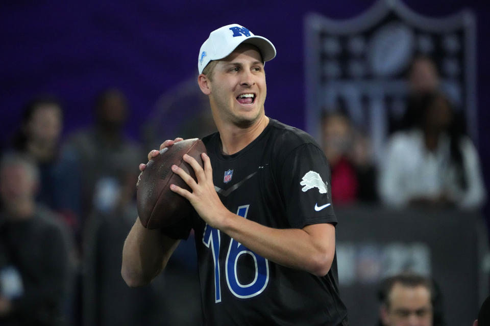 Feb 2, 2023; Henderson, NV, USA; Detroit Lions quarterback Jared Goff (16) throws during the Pro Bowl Skills competition at the Intermountain Healthcare Performance Facility. Mandatory Credit: Kirby Lee-USA TODAY Sports