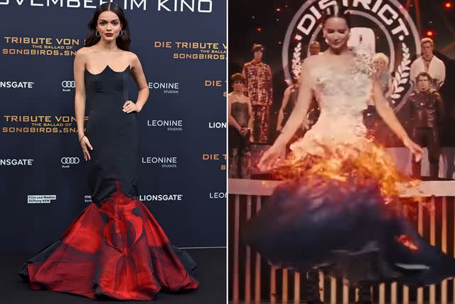 Tristar Media/WireImage; The Hunger Games/YouTube Rachel Zegler at the 'Ballad of Songbirds and Snakes' premiere in Berlin; Jennifer Lawrence in 'Hunger Games' sequel 'Catching Fire'