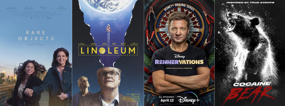 This combination of images shows promotional art for the film "Rare Objects," opening in theaters and video on demand on April 14, "Linoleum," a film available on demand on Tuesday, April 11, "Rennervations," a series premiering April 12 on Disney+, and "Cocaine Bear," a film streaming April 14 on Peacock. (IFC Films/Shout Factory/Disney+/Universal via AP)