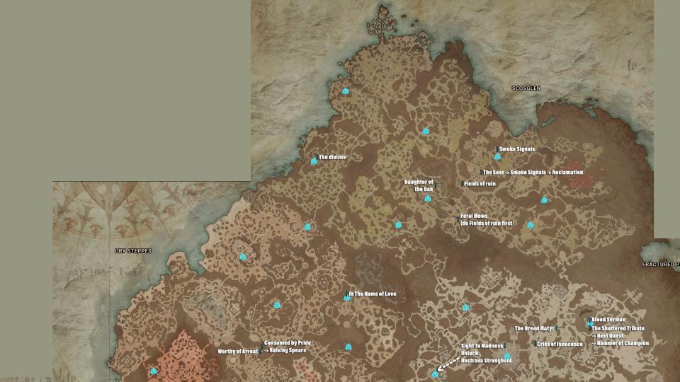 Map showing Side Quests that can lead to dungeons in Diablo 4