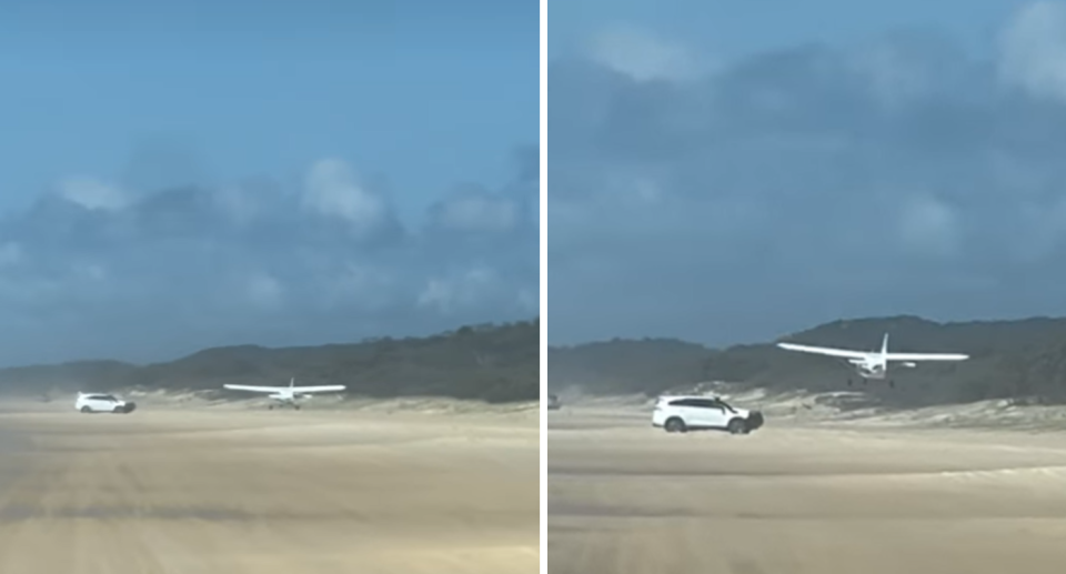 Four-wheel-drive appearing to drive towards plane as it takes off from a K'gari beach (left); Plane taking off as the four-wheel-drive approaches