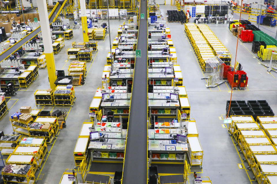 Amazon fulfilment center in Sosnowiec, Poland on 13 May, 2019. The fifth Amazon fulfilment center in Poland is built in the Upper Silesia region. The property totalling 135,000 sqm is built on a 21-hectare site near Panattoni Park Sosnowiec. Amazons  fulfilment centre in Sosnowiec is adapted to the high-bay storage system and dedicated to the distribution of shoes and clothes in Western Europe.  (Photo by Beata Zawrzel/NurPhoto via Getty Images)