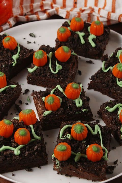 <p>Pumpkin patch brownies turn a regular boxed brownie into the cutest <a href="https://www.delish.com/uk/food-news/a29395786/aldi-liqueurs/" rel="nofollow noopener" target="_blank" data-ylk="slk:Autumn dessert;elm:context_link;itc:0;sec:content-canvas" class="link ">Autumn dessert</a>. Top with crushed Oreos for dirt and nestle royal icing pumpkins to look like they are growing from the ground! So simple yet so sweet!</p><p>Get the <a href="https://www.delish.com/uk/cooking/recipes/a33979227/pumpkin-patch-brownies-recipe/" rel="nofollow noopener" target="_blank" data-ylk="slk:Pumpkin Patch Brownies;elm:context_link;itc:0;sec:content-canvas" class="link ">Pumpkin Patch Brownies</a> recipe.</p>