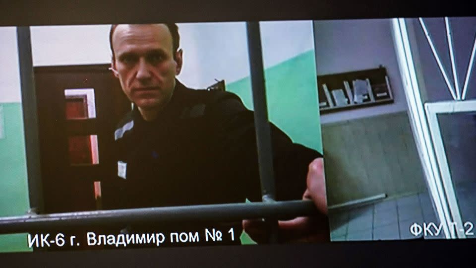 A screen showed Navalny as he arrived to listen to a hearing on an appeal lodged against his 19-year sentence, September 26, 2023. - Tatyana Makeyeva/AFP/Getty Images