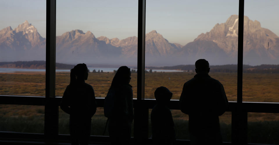 The Great Room at the Jackson Lake Lodge, in Grand Teton National Park, north of Jackson Hole, Wyo. (AP Photo/Brennan Linsley)