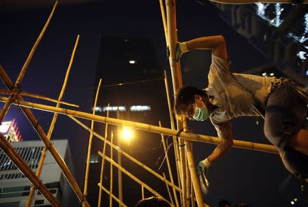 A pro-democracy protester builds a barricade with bamboo near the government headquarters in Hong Kong October 13, 2014. REUTERS/Carlos Barria