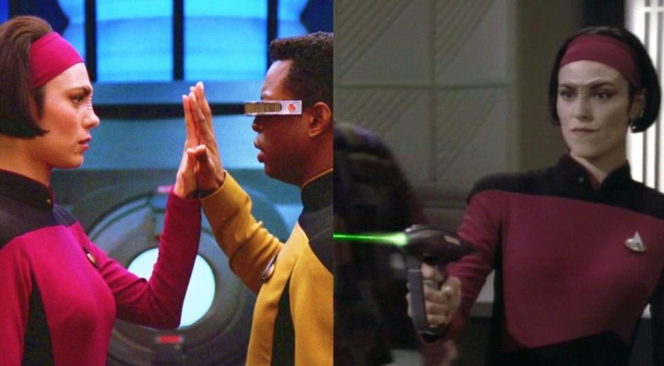 Ro Laren and her Enterprise friends and crewmates Geordi La Forge and Guinan. 