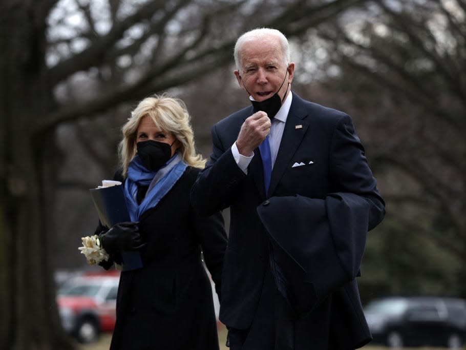 Joe Biden and Jill Biden, wearing a corsage, on Valentine's Day in 2022.