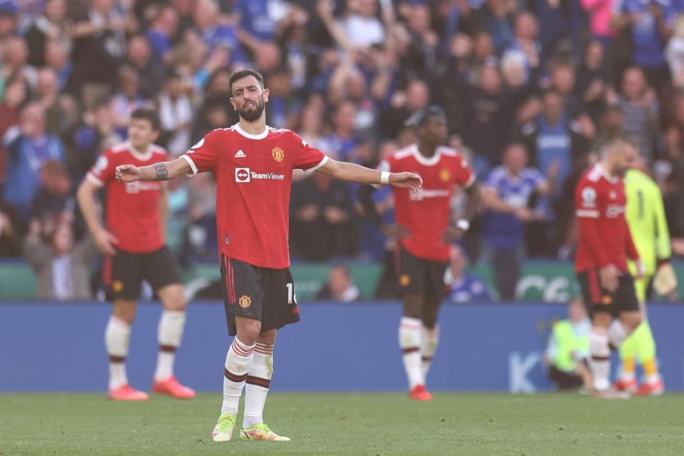 Bruno Fernandes of Manchester United reacts after their side concedes a third goal (Getty)