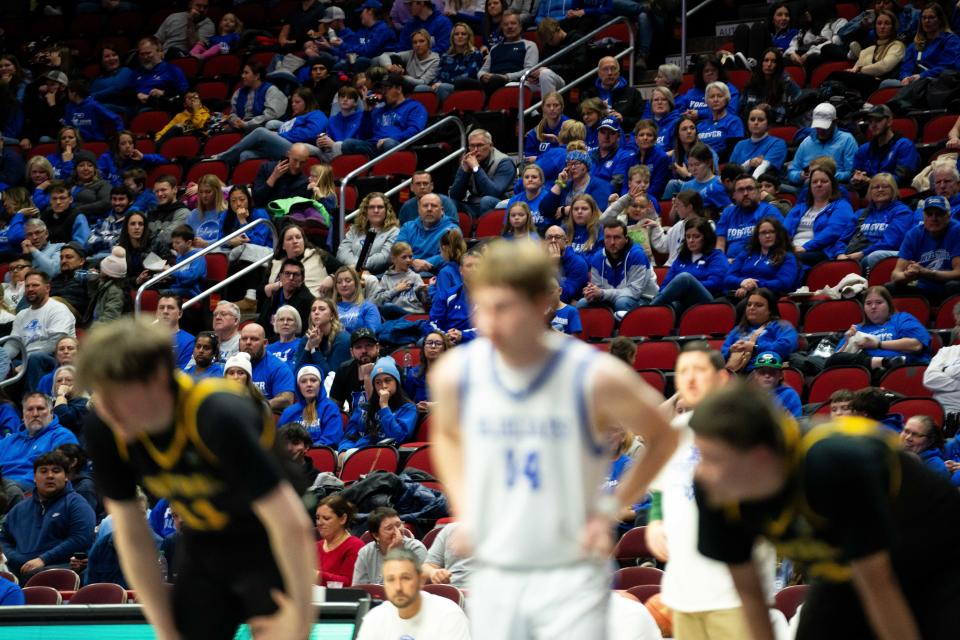 Perry fans watch as the Bluejays take on Saydel Tuesday, Jan. 16, 2024, at Wells Fargo Arena in Des Moines.